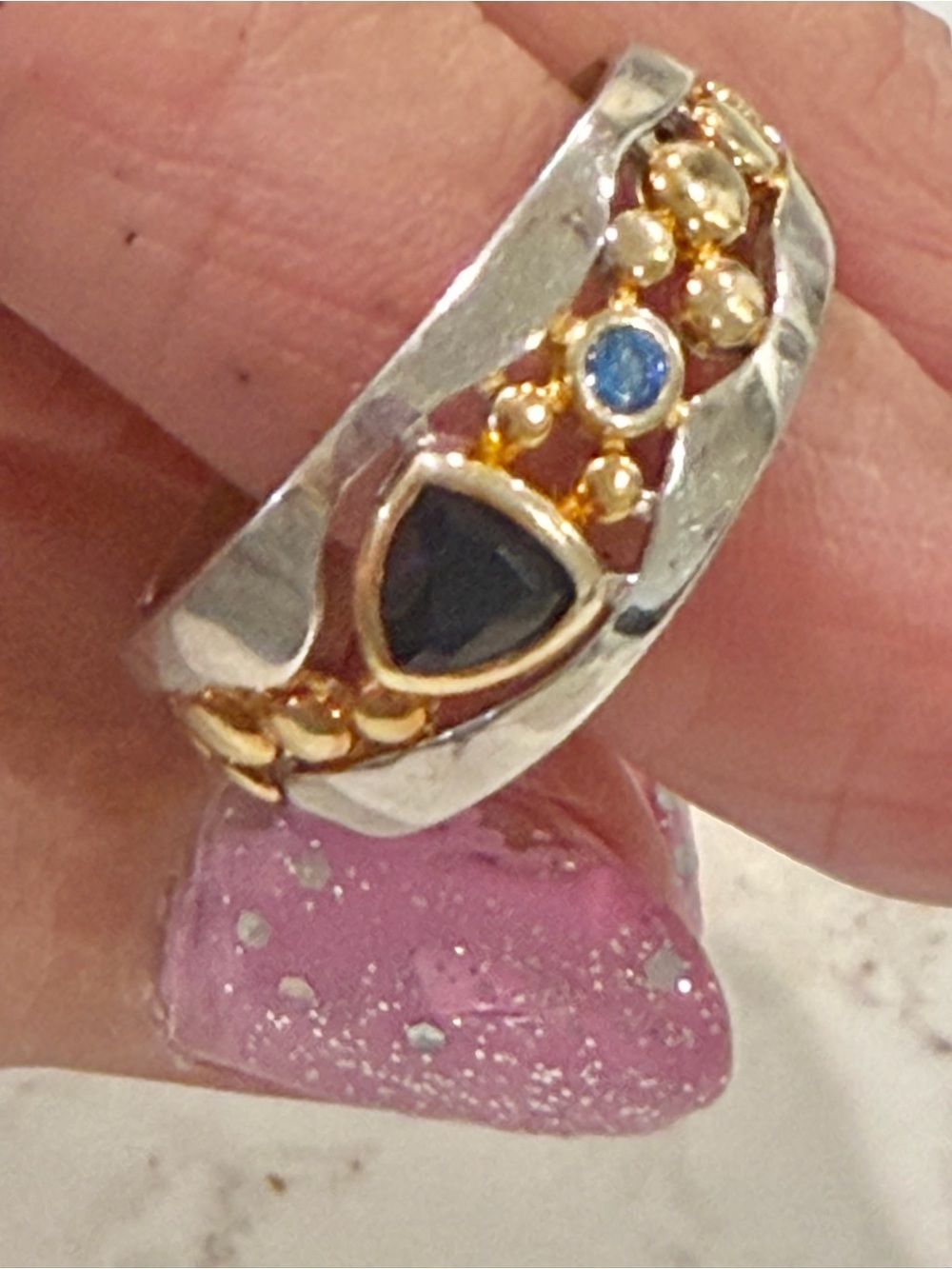 Sterling Silver Ring Dark Blue Sapphire & Blue Cubic Zirconia with Gold Accents